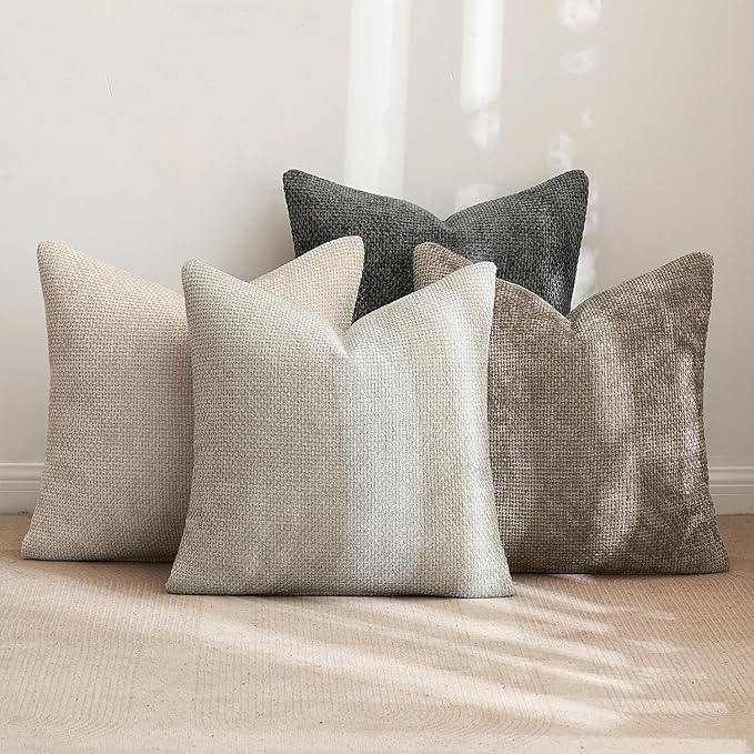 MIULEE Pack of 4 Couch Throw Pillow Covers 24x24 Inch Neutral Soft Decorative Chenille Pillow Covers Farmhouse Boho Accent Cushion Covers for Mid Century Modern Spring Decor Sofa Bedroom Living Room