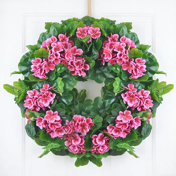 Spring Pink Wreath 24” – Floral Decor with Geranium Flowers for Front Door, Entry, Porch Display, Easter, Thanksgiving, Christmas