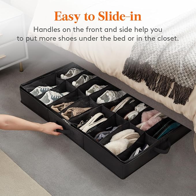 Lifewit Under Bed Shoe Storage Organizer 2 Pack(16 Pairs+4 Pairs), 4.3" Tall Fabric Shoes Container Box, Foldable Closet Shoe Bag with 2 Reinforced Handles and Clear Cover, Black