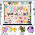 Back to School Bulletin Board Decoration, Happy You're Here Bulletin Board Set, Composition Notebook Happy Face Apple Daisy Cutouts for Classroom First Day of School Chalkboard Wall Door Teacher Decor