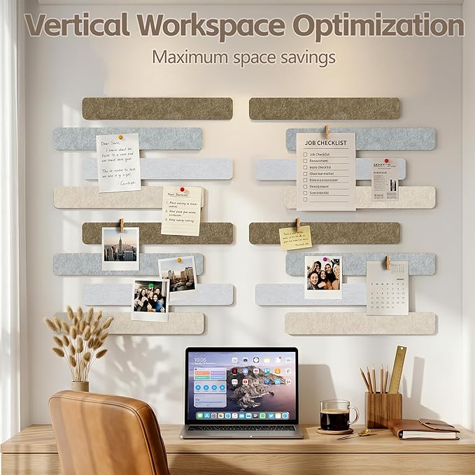 Cork Board for Walls - 8 Pack Felt Pin Board Bar Strips - Self-Adhesive Lightweight Bulletin Board - Cork Board for Office with 40 Push Pins No Damage for Wall