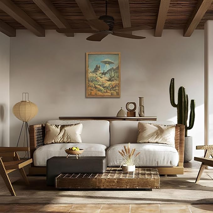 Framed Vintage Intergalactic Western Canvas Wall Art, Alien UFO Abducting Cowboy, Desert Cactus and Flowers Wall Decor, Retro Sci-Fi Poster for Living Room Bedroom – Dark Wooden Frame 12x16in