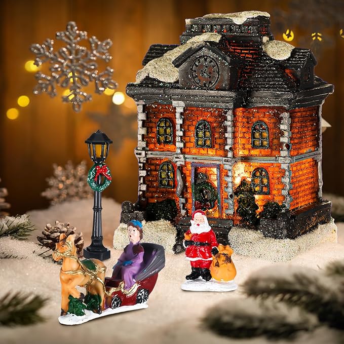 Wettarn 26 Pcs LED Christmas Villages Houses Sets Xmas Figurines Decoration Lighted LED Christmas Village Houses Building Collectible Home Decoration Xmas Gifts Indoor Room Decor