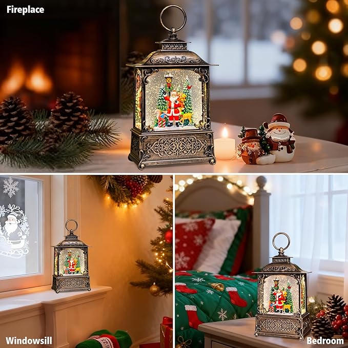 Christmas Snow Globes Lantern with Music, Santa Claus Scene Snow Globes with Water Swirling Glitter Effects, USB/Battery Powered with 6-Hour Timer, Christmas Decorations Gift