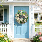 Spring Summer Wreaths for Front Door Outside 26 Inch, Magnolia Summer Wreath with Ribbons and Welcome Sign, Farmhouse Outdoor Spring & Summer Door Wreath for Front Door, Neutral Floral Decor