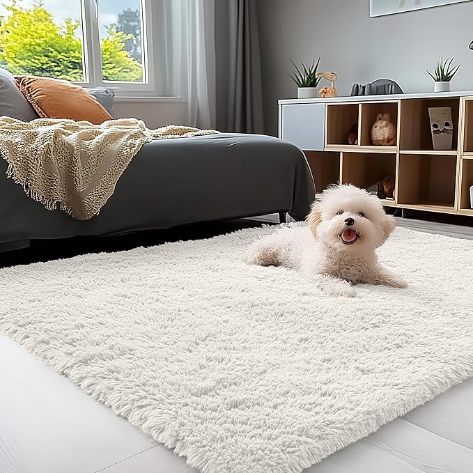 OLANLY 4x11 Area Rugs for Living Room Bedroom, Machine Washable Soft Fluffy Shaggy Bedside Rug, Indoor Floor Carpet for Kids Girls and Boys, Dorms, Nursery Rooms, Home Decor Aesthetic, Ivory