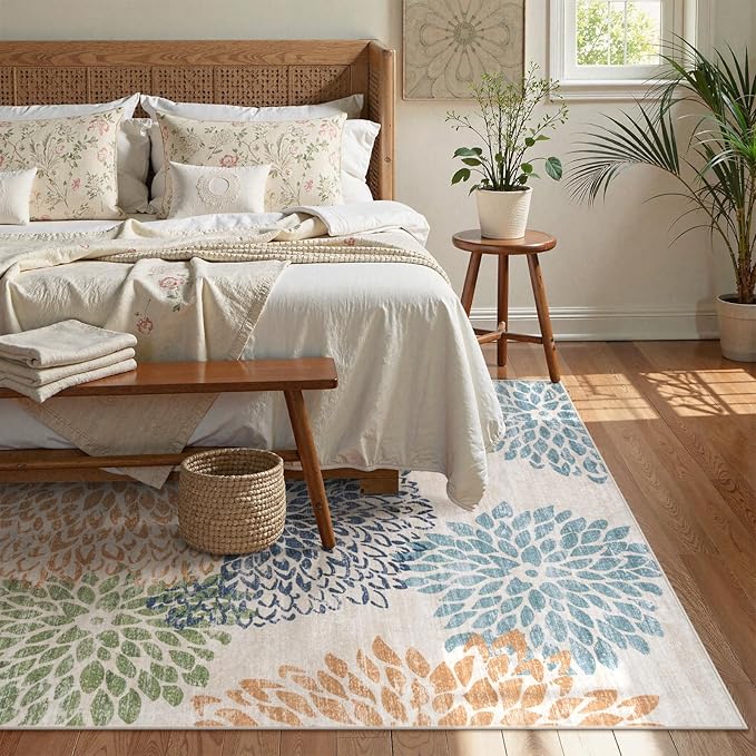 Dahlia Washable Area Rugs 5x7, Boho Floral Rug for Bedroom Dorm, Multicolored Soft Low Pile Living Room Rugs,Leaves Non Slip Throw Carpet for Classroom Nursery Office,Multi