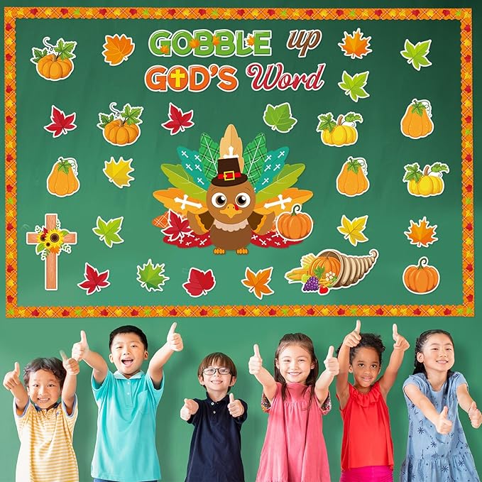 Thanksgiving Turkey Bulletin Board Decorations Set Thanksgiving Classroom Decorations Gobble Up God’s Word Fall Pumpkin Maple Leaf Cutouts for Autumn Harvest Christian Religious School Wall Decor
