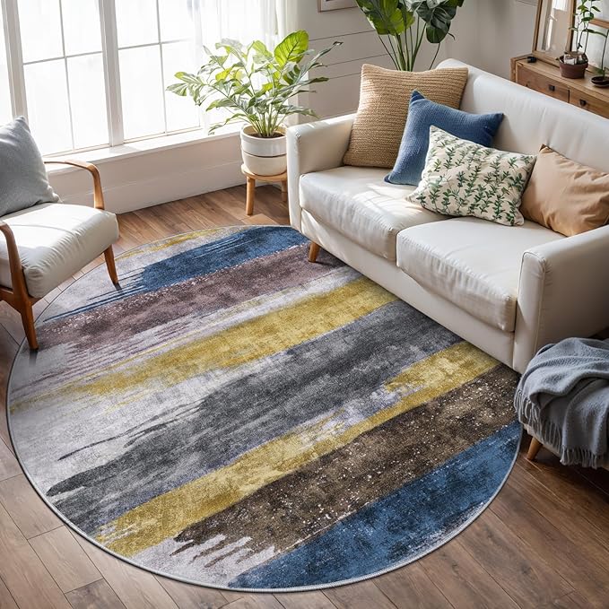 Ciicool 4ft Round Washable Rug, Modern Abstract Circle Rugs, Non-Slip Thin Lightweight Rug Yellow Grey Circular Print Distressed Carpet for Bedroom Living Room Under Dining Table Home Office Decor