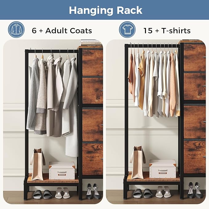 OLIXIS 4 in 1 Storage with Hanging Rack, Clothes Rack Shoes Rack, Bag Hook, Tall Storage Tower, Sturdy Frame for Bedroom Entryway Living Room Brown