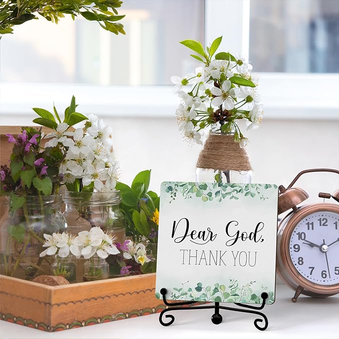 Modern Farmhouse Decor, Home Decor For Living Room, Boho Chic Aesthetic Shelf Decorations, Christian Eucalyptus Dear God Sign, Farm House Entryway Tv Stand Fireplace Coffee Table Decoration (10)