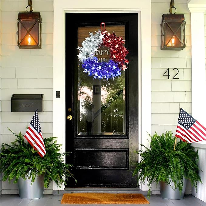 TORONTOKYO 3 Pcs Patriotic Tinsel Wreath for Front Door 11.81 Inch Red White Blue Memorial Day Wreath with Stars 4th of July Decorations for Independence Day Wall Home Farmhouse