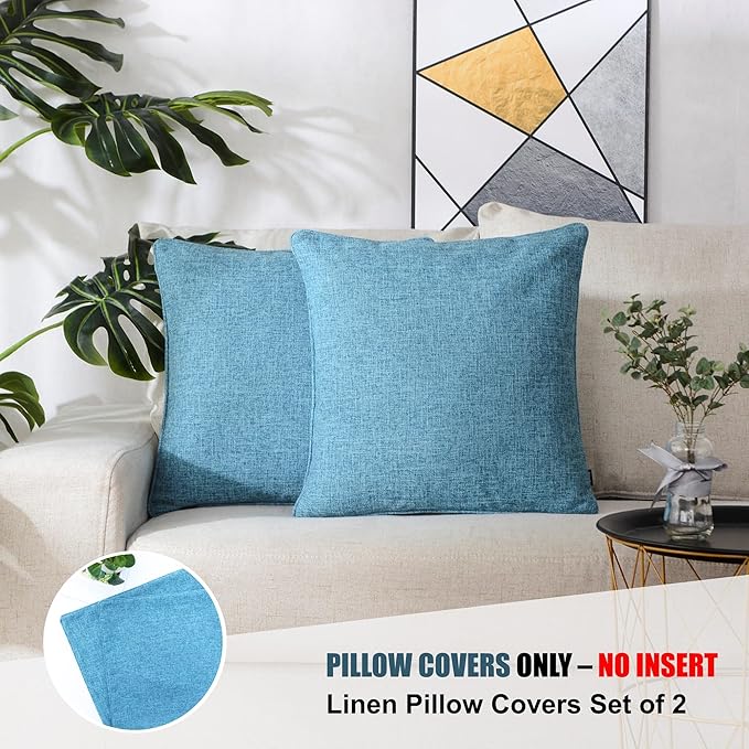 HPUK Linen Throw Pillow Covers Pack of 2, 16x16 Inch Accent Cushion Covers for Living Room, Bedroom, Decorative Solid Color Pillow Covers for Couch, Sofa, Chair, Aqua Blue