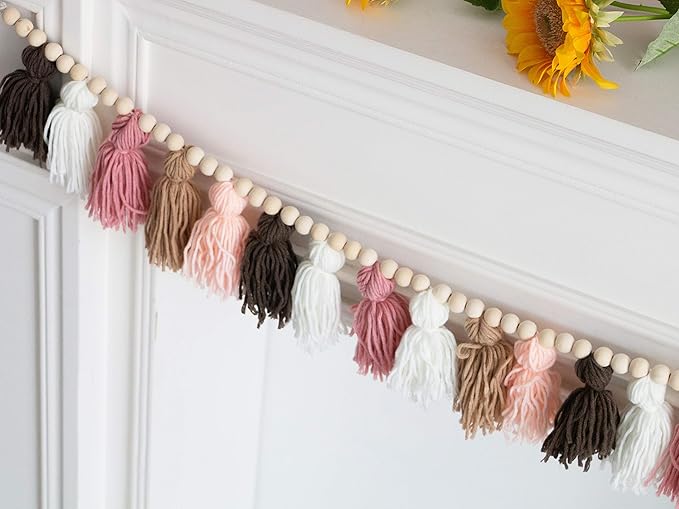 Tassel Garland - Boho Tassel Garland with Wood Beads - Wall Decor for Dorm, Girls Room and Nursery Room (50 inch)