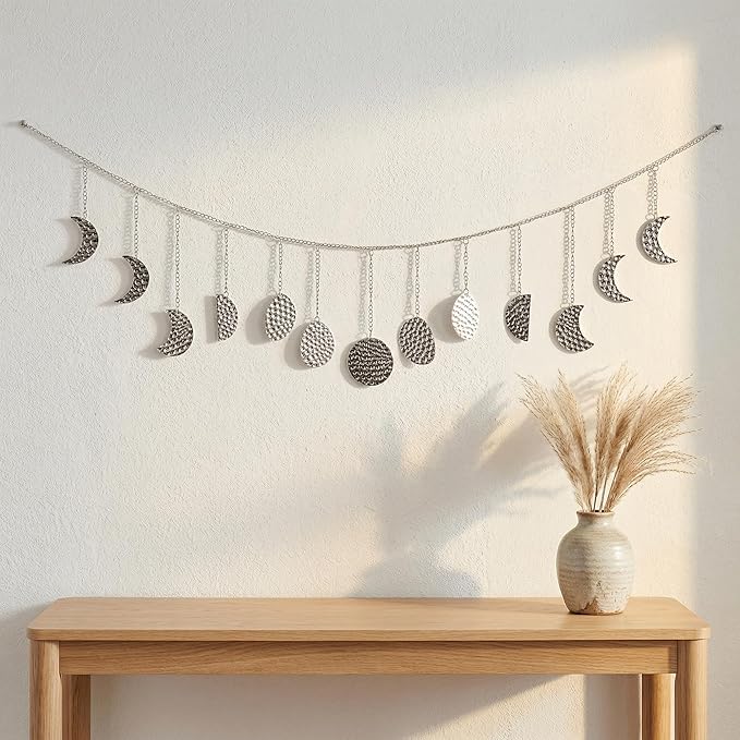 Moon Phase Garland Sliver Hammered Metal - Celestial Boho Wall Hanging Decor Moon Phases Ornament for Bedroom Aesthetic Above Bed Living Room Home Decor