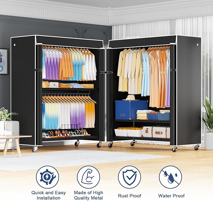 P8C Max Heavy Duty Clothes Rack（With Extended Width Design） Rolling Clothing Racks for Hanging Clothes with Lockable Wheels，51.2"W x 15.8"D x 80.5"H，Load 700LBS，Black Rack with Black Cover