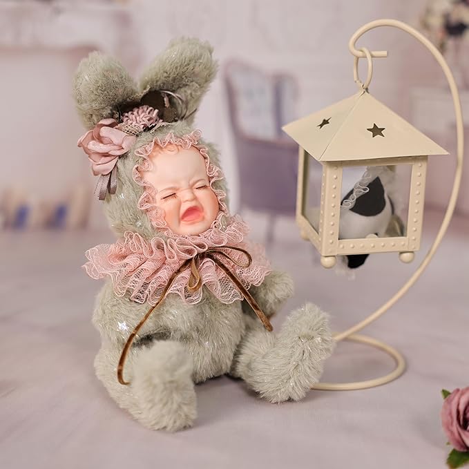 8 Inch Rabbit Hand-Painted Porcelain Face Doll with Plush ＆ Acrylic Cotton Body, Mini Kawaii High-Color Makeup Ceramic Doll for Room Decor, Birthday Gifts, Collectible，Name Jade