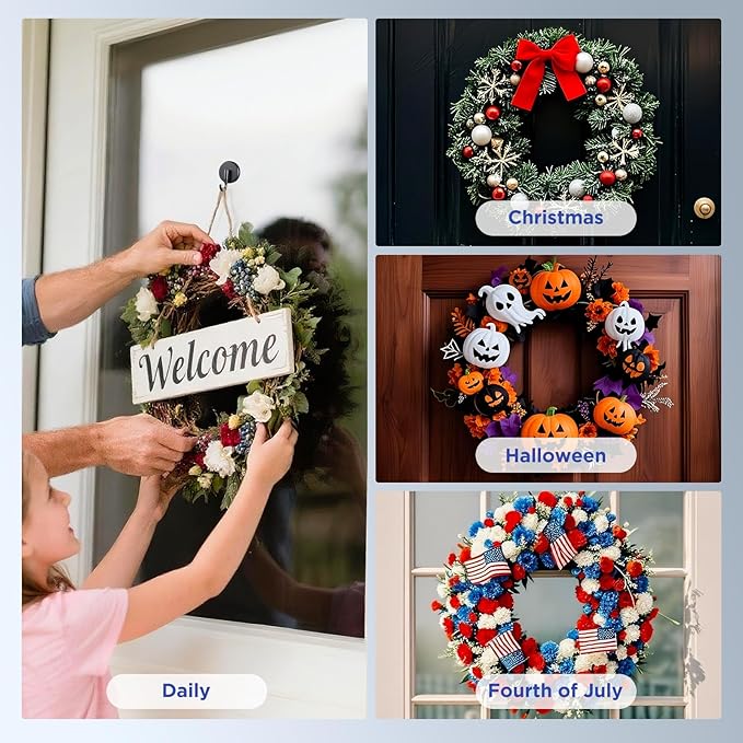 OUTXE Wreath Hanger for Front Door, Upgraded Suction Cup Reef Hook for Glass Window/Over Door, Christmas/Thanksgiving/Halloween/July 4th/Easter/Valentine/Spring/Summer/Fall (Black, 4-Pack)