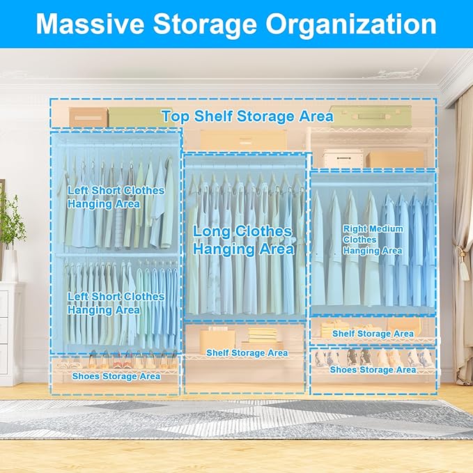 Ulif E13C Pro Heavy Duty Closet Organizer System，Freestanding Clothing Racks for Hanging Clothes，Adjustable Garment Rack 75" W x16 D x77 H Hold 1000lbs，White Rack with White Dustproof Cover
