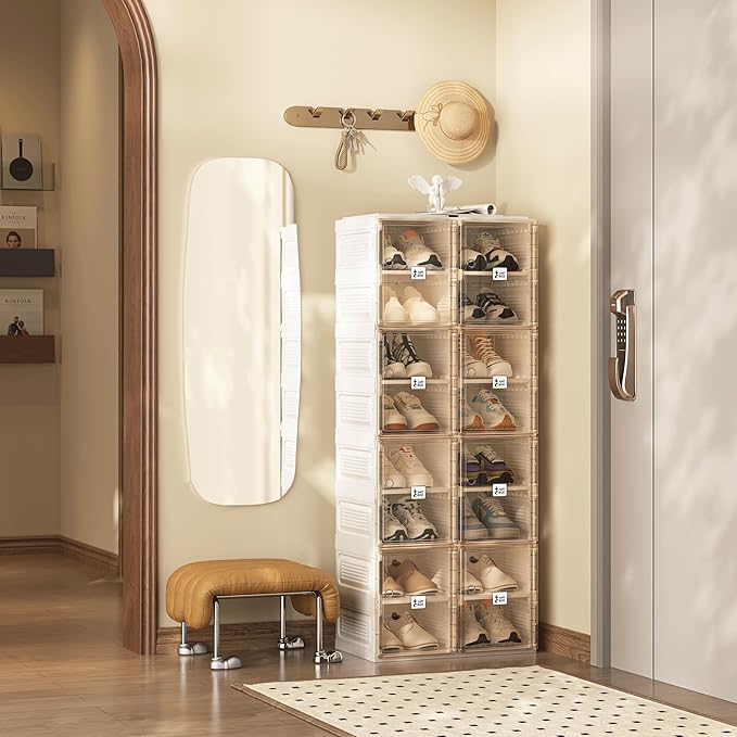 ANTBOX Shoe Organizer Storage Box, Portable Folding Shoe Rack For Closet With Magnetic Clear Door,Large Sneaker Cabinet Bins Sturdy Easy Assembly 8 Layers-16 Grids