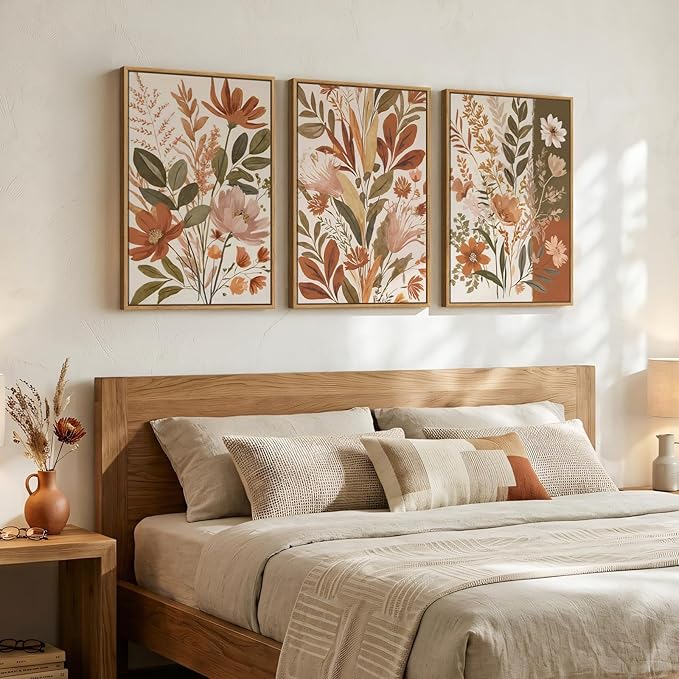 Framed Vintage Botanical Wall Art for Living Room Decor, 3 Piece Boho Warm Neutral Terracotta Floral Nature Canvas Prints, Retro Farmhouse Plant Wall Art for Bedroom Dining Room Entryway, 16x24