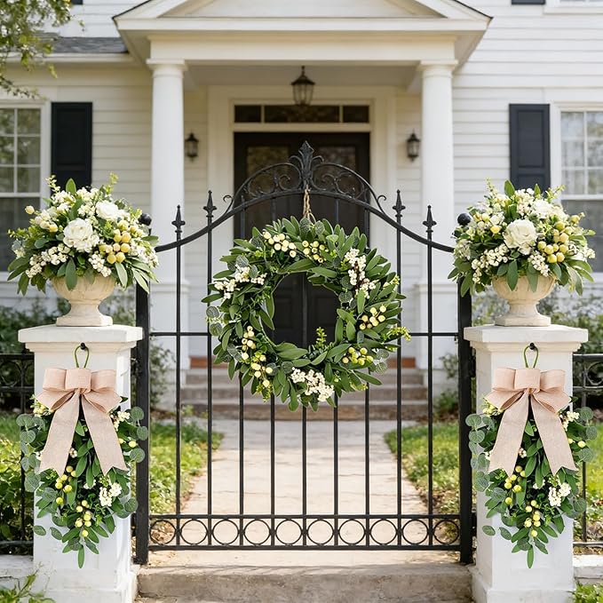 3 PCS Artificial Green Eucalyptus Wreaths for Front Door Spring Summer Greenery Teardrop Swag with Eucalyptus Leaves Olives Mixed Berry for Indoor Outdoor Farmhouse Home Wall Festival Wedding Decor