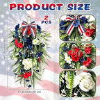 2 Pack 21'' Patriotic 4th of July Teardrop Swag Wreaths Independence Day Patriotic Floral Swag with Artificial Flowers and Fern Leaves Hanging Wreath for Double Front Doors Porch Window Wall Farmhouse
