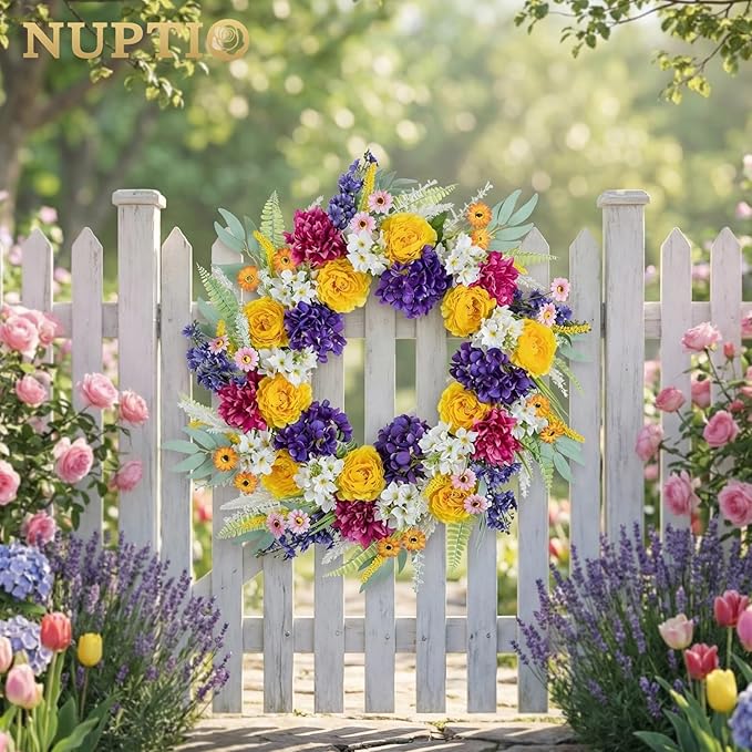 NUPTIO Summer Wreath for Front Door: 26 Inch Spring Wreaths with Hydrangea Daisy Peony Ranunculus Dahlia Hanger - Outdoor Realistic Artificial Flowers Holiday Decor for Wall Window Porch