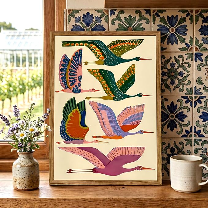 Framed Colorful Bird Wall Art, Vintage Flying Heron Pictures Wall Decor, Mid Century Modern Animal Paintings Canvas Prints Abstract Home Decor Aesthetic Artwork for Living Room Bedroom 16x24 inch
