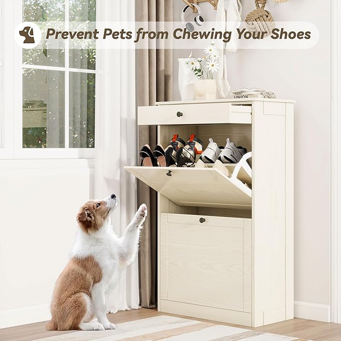 Shoe Cabinet with 2 Flip Drawers, Slim Freestanding Hidden Shoe Organizer with Drawer, Pet-Proof Shoe Storage Cabinet for Entryway Living Room Behind The Door, Light Oak