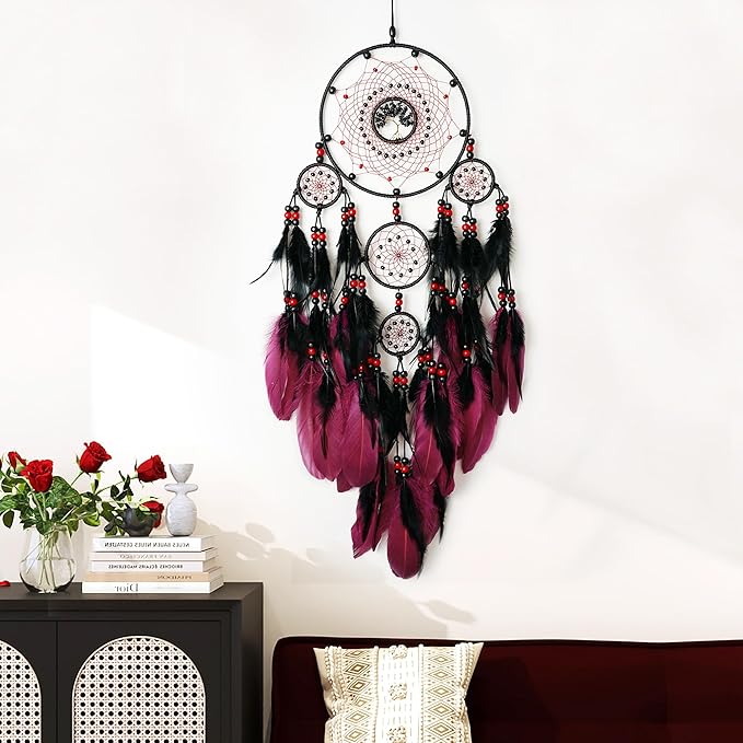 Large Dream Catchers, Boho Handmade Native Macrame Dream Catchers Wall Hanging for Bedroom Living Room Dorm Room Decor, Adults Wedding Party Decor, Festival Blessing Gift (Red & Black)