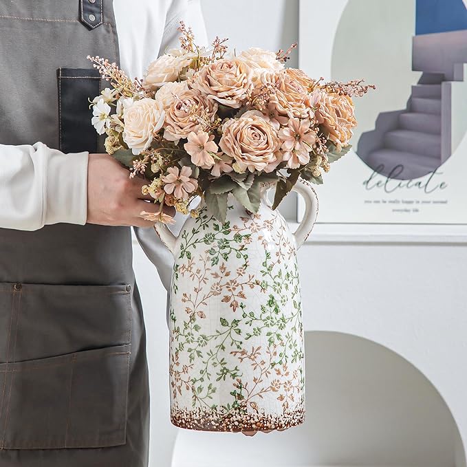 Enra Large Vintage Green and Beige Ceramic Chinoiserie Floral Vase, 11.2 Inch Rustic Decorative Flower Vase for Home, Living Room, Kitchen, or Office – Pastoral Retro Design