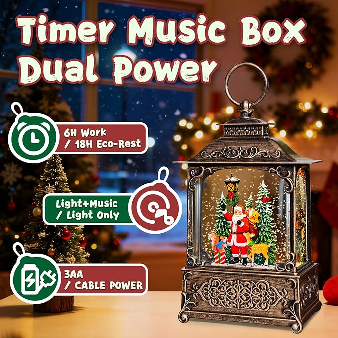 Santa Snow Globe, Reindeer and Christmas Tree Theme, Light up Christmas Snow Globes with Music 6-Hour Timer, Battery-Powered or USB-Powered Gifts for Women Men and Kids, Indoor Christmas Decorations