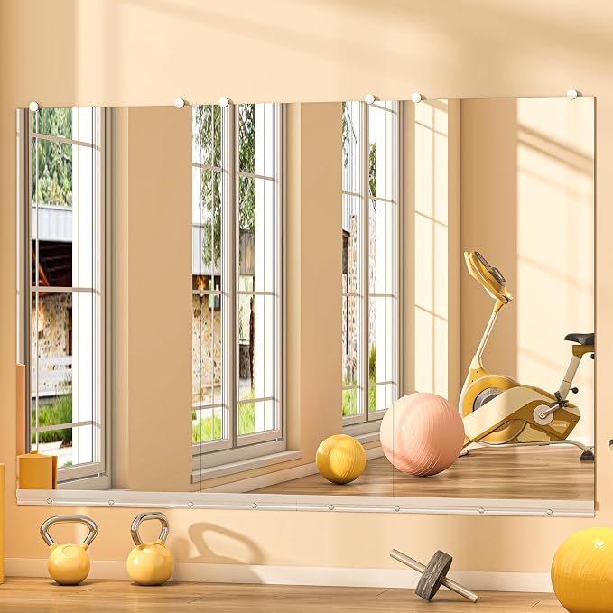 Hasipu Home Gym Mirror, 48"x24" Each, 3-Pack Frameless Wall Mounted Mirrors with Glass Clamps & 2 Aluminum Rail, Large Body Mirror for Home Gym, Yoga Studio, Bedroom, Silver Tempered Glass