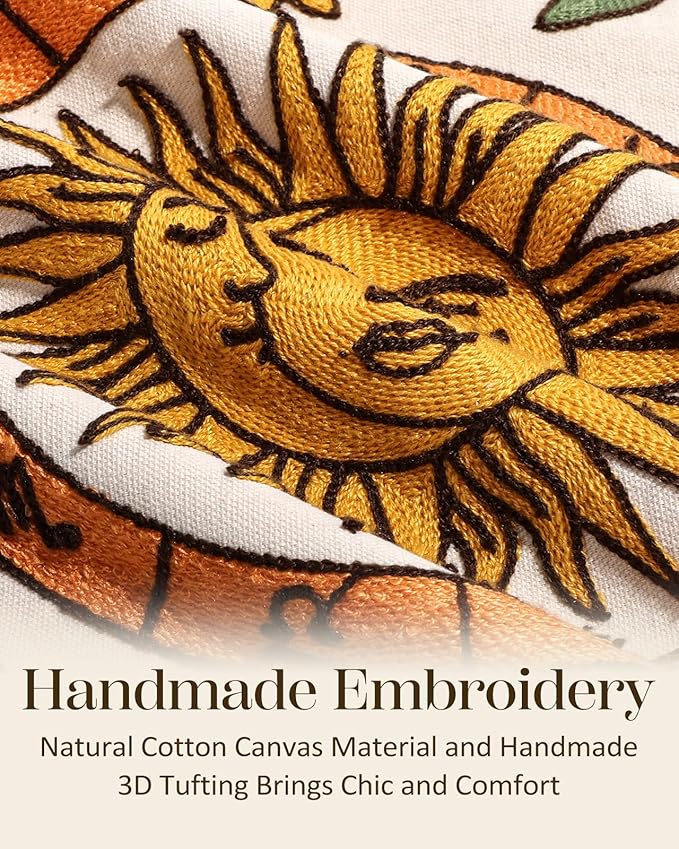 Embroidered Throw Pillow Cover 20x20 Inch - Spring Summer Boho Decorative Pillow Cover with Zipper for Living Room Couch Sofa Bed Aesthetic Design Sunflower Moon Cushion Pillowcase