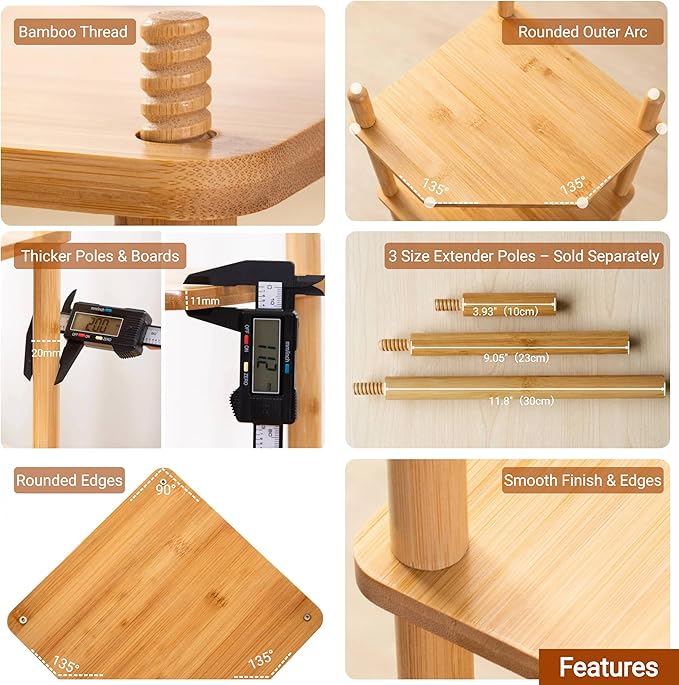 4-Tier Expandable Bamboo Corner Shelf - Dish/Plate Organizer for Cabinet, Kitchen Counter Shelf & Small Kitchen Shelf, Adjustable (Natural, 1-Pc 4-Tier)