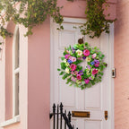 Spring Wreaths for Front Door Outside 24 Inch Spring Door Wreath with Pink Peony,Rose and Blue Hydrangeas, Handmade Silk Summer Wreaths for Front Door Home Wall Window Proch Seasonal Decor