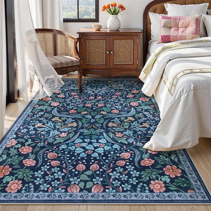 Moynesa Floral Washable Rug, Boho 5x7 Area Rugs for Living Room, Non Slip Large Dining Room Rug Under Table, Botanical Ultra Thin Floor Carpet for Bedroom Home Office, Blue