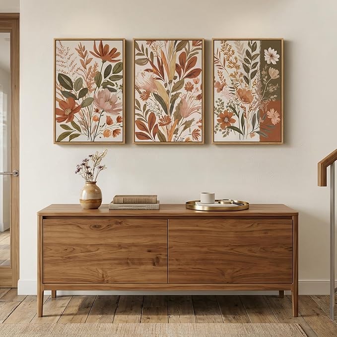Framed Vintage Botanical Wall Art for Living Room Decor, 3 Piece Boho Warm Neutral Terracotta Floral Nature Canvas Prints, Retro Farmhouse Plant Wall Art for Bedroom Dining Room Entryway, 16x24