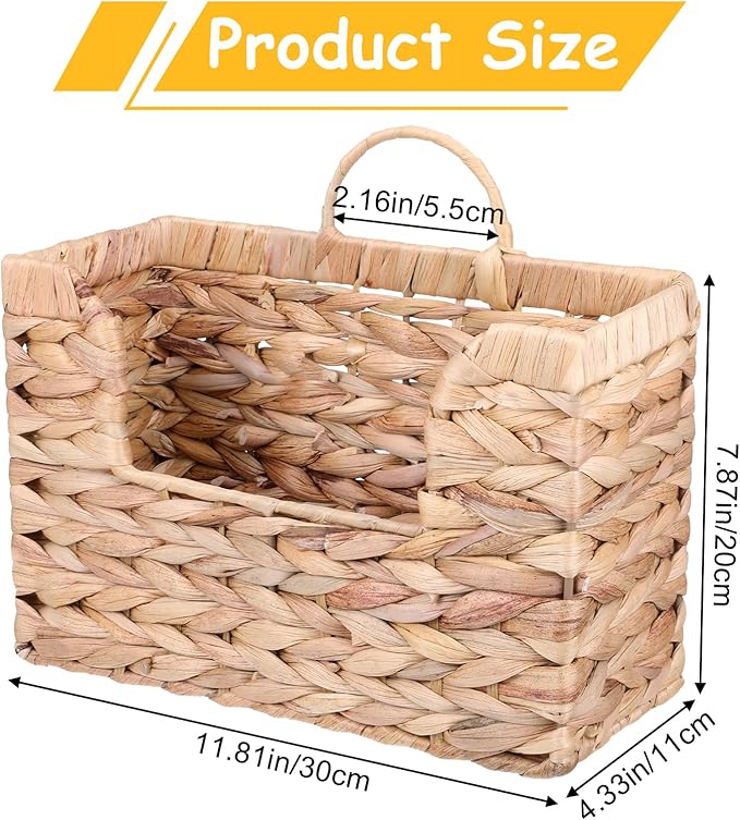 Woven Hanging Magazine Holder Water Hyacinth Magazine Basket Wall Mounted Woven Mail Organizer Wicker Storage Box with Handle Newspaper Rack Decorative for Home Office