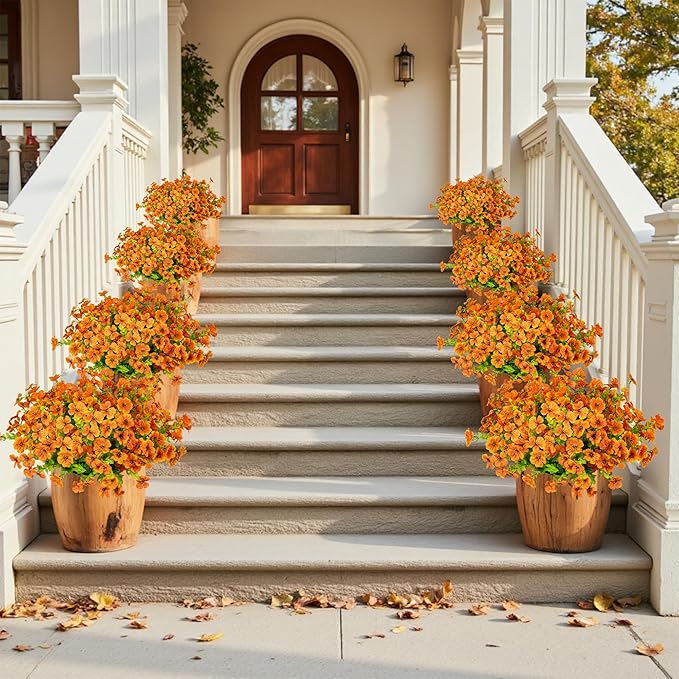 Artificial Fake Flowers for Outdoors Fall Autumn Decorations,Faux Mums Flowers Silk Daisy Plants Greenery Realistic UV Resistant for Outside Planter Front Porch Patio Boxwood Garden 16 Bundles(Orange)