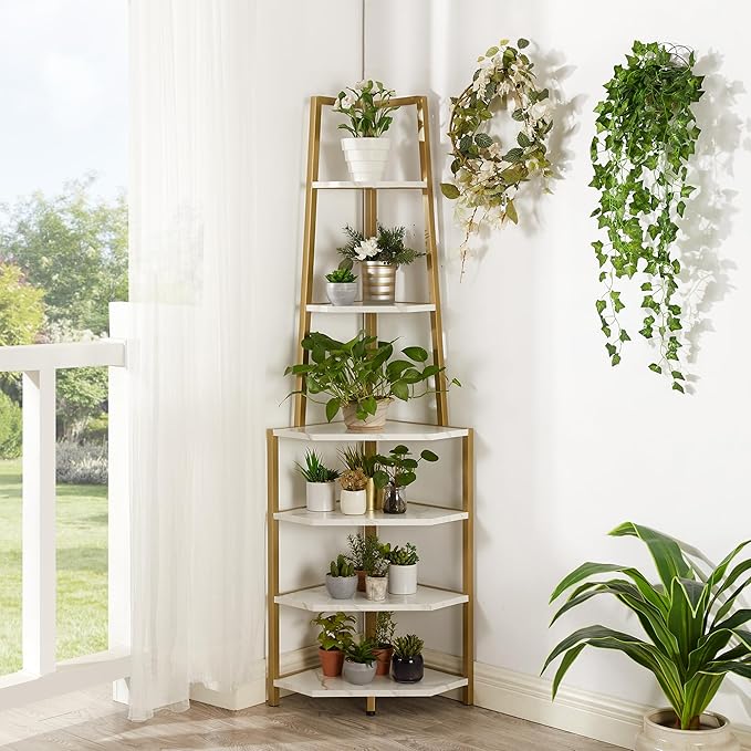 VECELO 6 Tier Corner Shelf 69 Inch Industrial Bookshelf with Metal Frame, Multipurpose Tall Plant Stand with Opening Display Shelves for Living Room, Bedroom, Home Office, Small Space, Gold