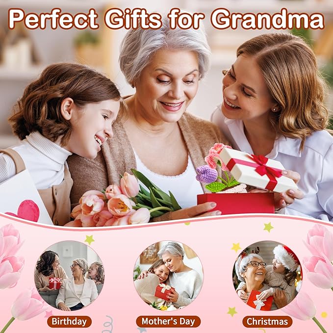 Gifts for Grandma, Grandma Gifts from Grandkids, Birthday Gift for Nana Grandmother GaGa, Mother's Day Birthday I Love You Present for Grandmother, Cute Handmade Crochet Positive Tulip Flowers Doll