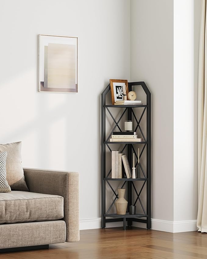 CHOEZON 4-Tier Corner Shelf, Industrial Corner Bookshelf, 47.6" Corner Storage Stand, Plant Stand Display Shelf, Corner Bookcase for Bedroom, Living Room, Home Office, Black TCJ09BB