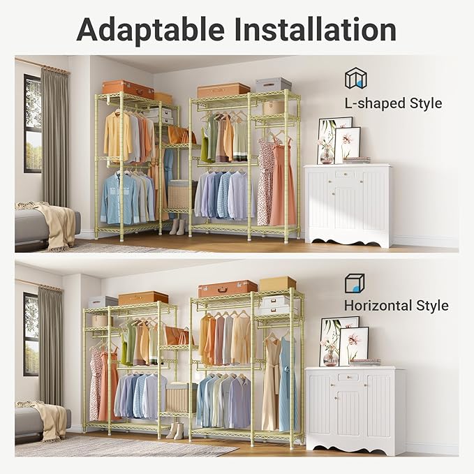 VIPEK V2 Heavy Duty Clothes Rack 4 Tiers Wire Shelving Garment Racks with 3 Hanging Rods Compact Freestanding Closet Metal Closet Rack, Max Load 700LBS, Gold