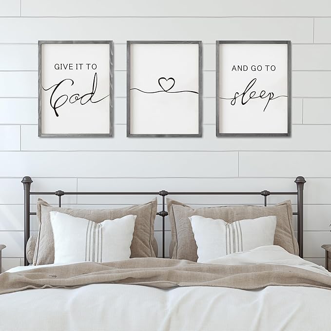Set of 3 Framed Farmhouse Give it to God and Go to Sleep Signs 11x14” Above Bed Wall Decors for Bedroom Wood Signs (11x14 inches, Gray)