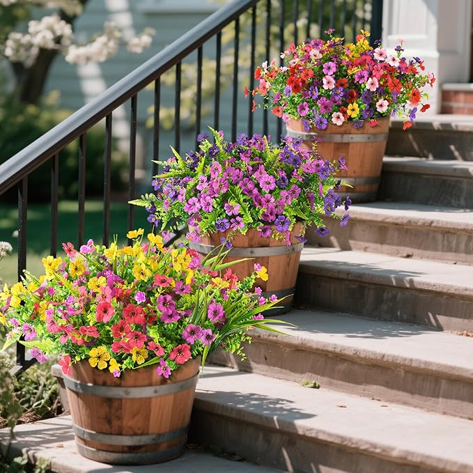 INQCMY Artificial Flowers for Outdoors Faux Plants Fake Flowers Spring Summer Decoration,12 Bundles Faux Silk Colorful Daisy Realistic UV Resistant for Outside Home Planter Window Porch Patio Yard