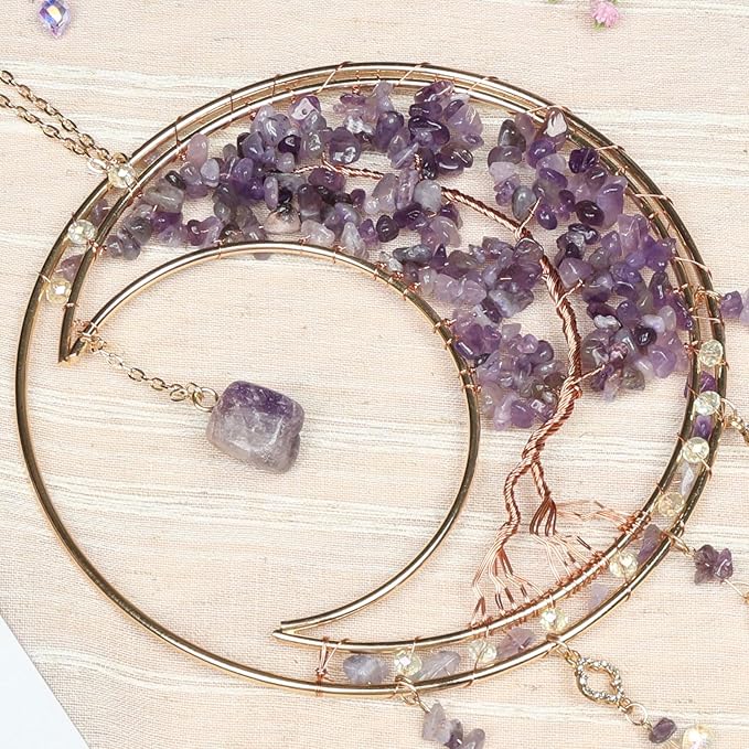 Purple Gemstone Dream Catcher 7 Chakras Tree of Life Moon Dream Catchers with Healing Crystal Stones Handmade Suncatcher Dreamcatcher Wall Decor for Adults Living Room,Bedroom,Garden,Bless Gift