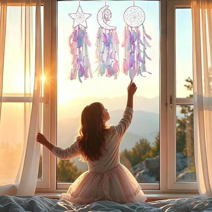 3 Pack Pink Star Moon Sun Dream Catcher - Pink Dream Catchers for Girls, Teen Girl Room Decor, Grils Bedroom Decoration