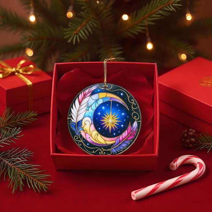 Sun and Moon Decor Decorative Ornament for Christmas Ornaments, Celestial Decor Round Acrylic Hanging, Stained Glass Effect Window Hanging Style, Thanksgiving Gifts, Moon Gifts for Women